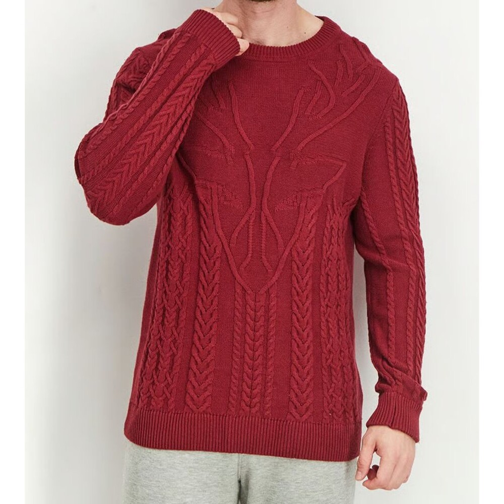 CLUB ROOM Sweater Mens XXL Maroon Red Pullover Crew Chunky Knit Elk Cottage